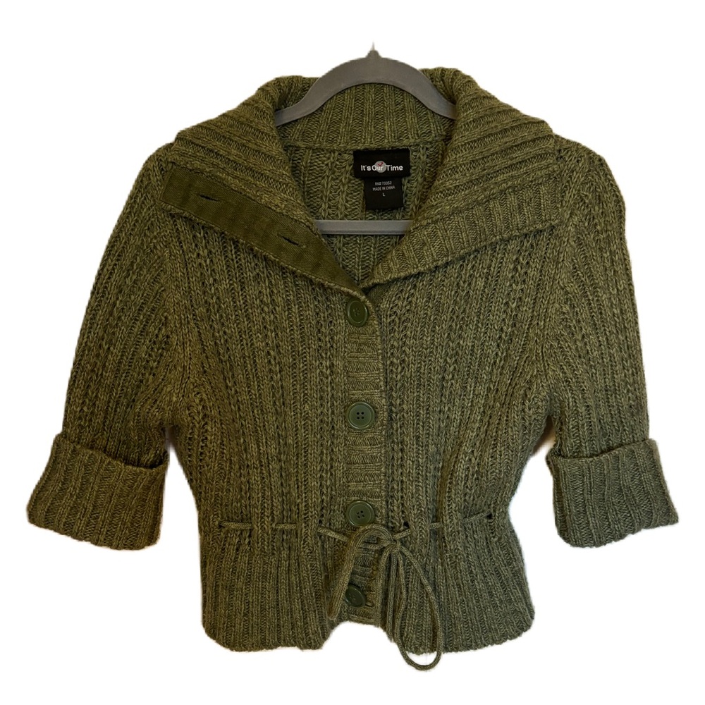 Knit Cardigan Juniors Green Tied Waist Chunky Sweater L